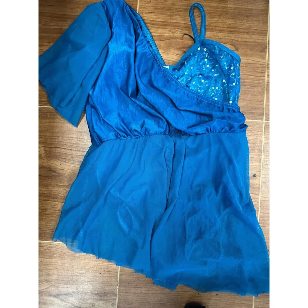 Pre-Owned Dance Costume AWCT V2594 XL Child Teal Draping Lyrical Sequin